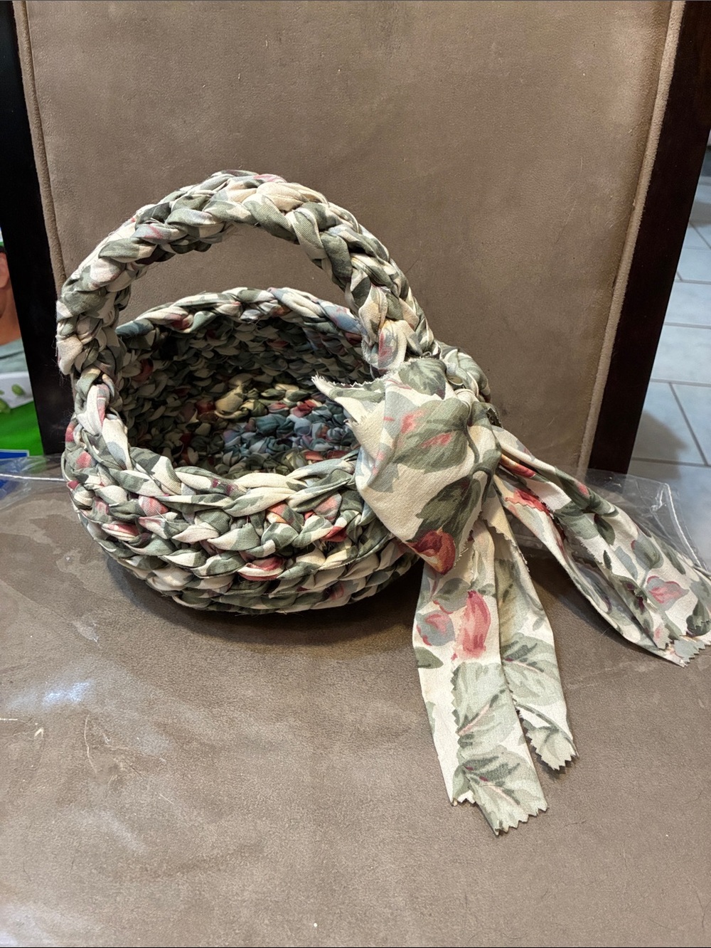 Woven Floral Fabric Basket with Bow Accent - Green Floral